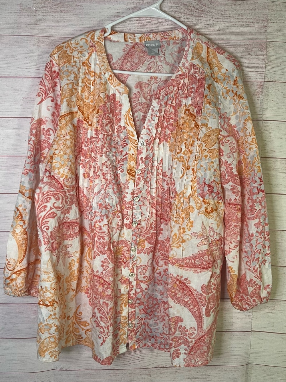 Chico's Pink Orange Floral Linen Blend Button Front Top Size 3 | US 16/18
